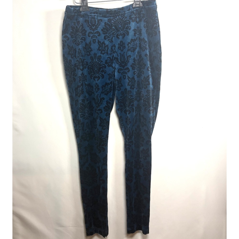 Chicos Zenergy Teal Blue Black Damask Flocked Leggings Pants Size 1 US 8/10